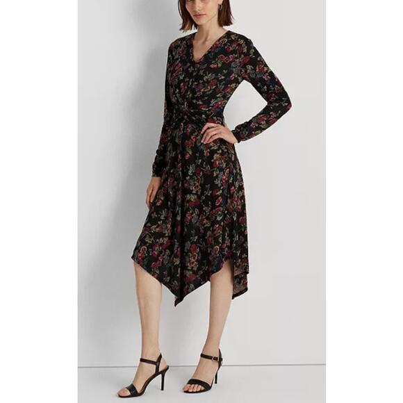 Lauren Ralph Lauren Floral Surplice Jersey Dress Black Multi Women's 6 NWT - Picture 1 of 10